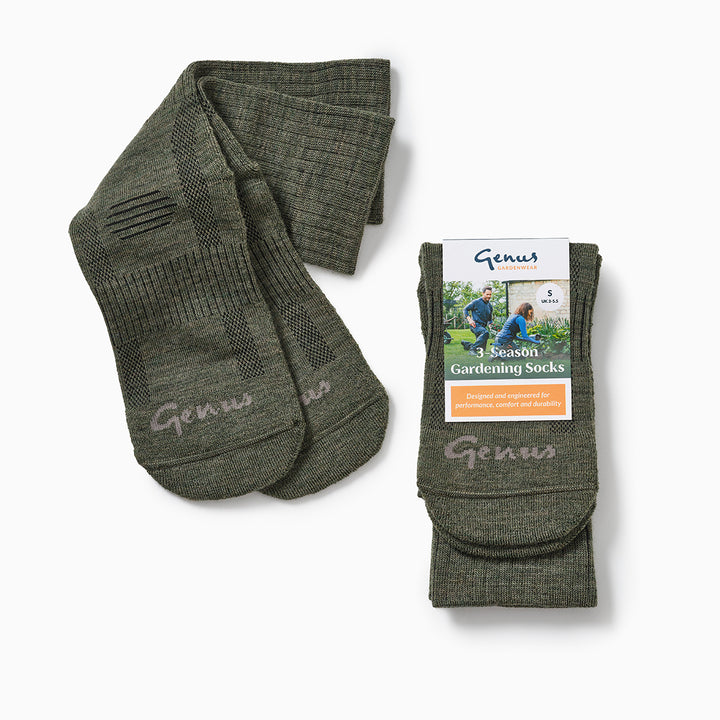 Genus 3 Season Gardening Socks Dusky Green in a Genus packet