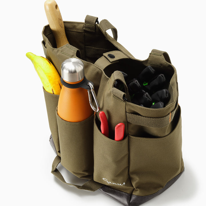Genus Gardening Caddy Bag with a banana and water bottle inside