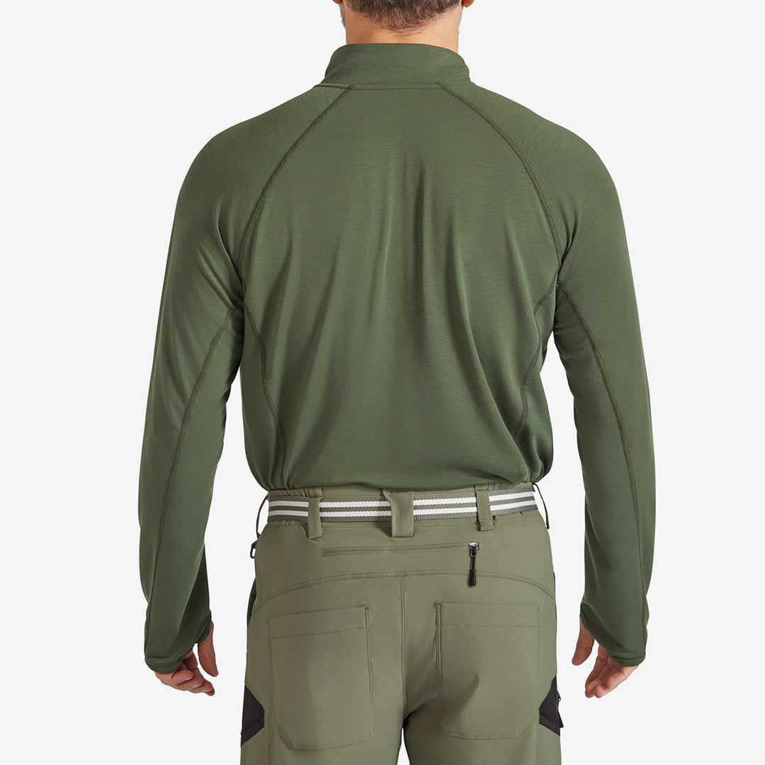 Man showing the back of a Genus Men's Dark Green Eden Zip Neck Top