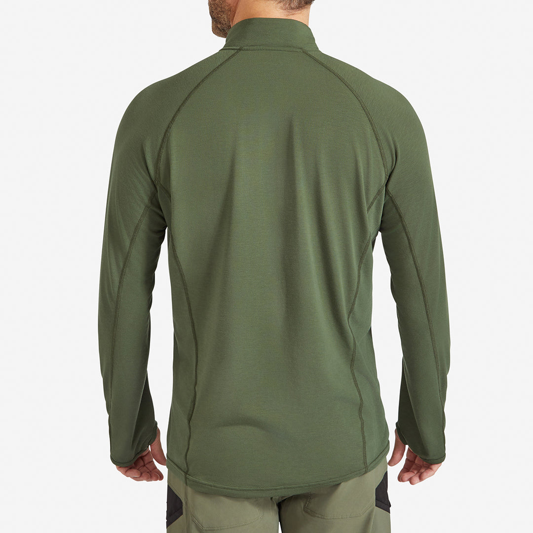 Back view of a Genus Men's Dark Green Eden Zip Neck Top
