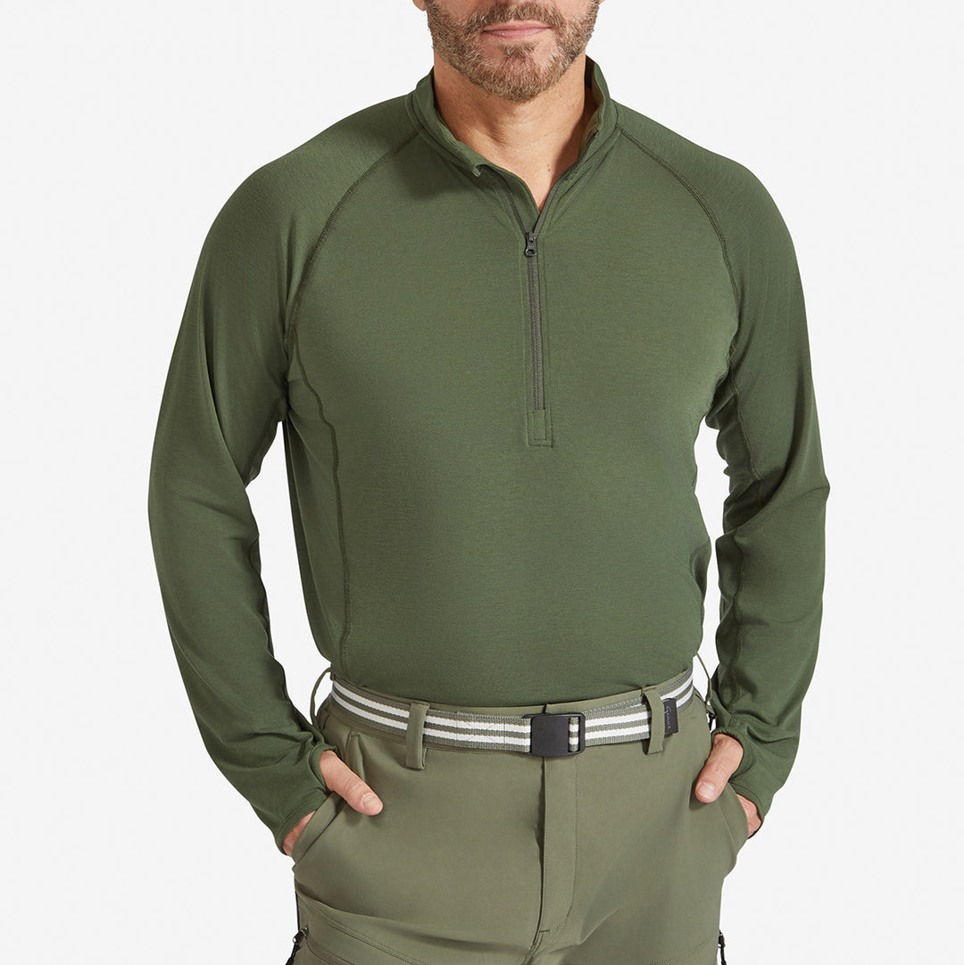 Front view of a Genus Men's Dark Green Eden Zip Neck Top