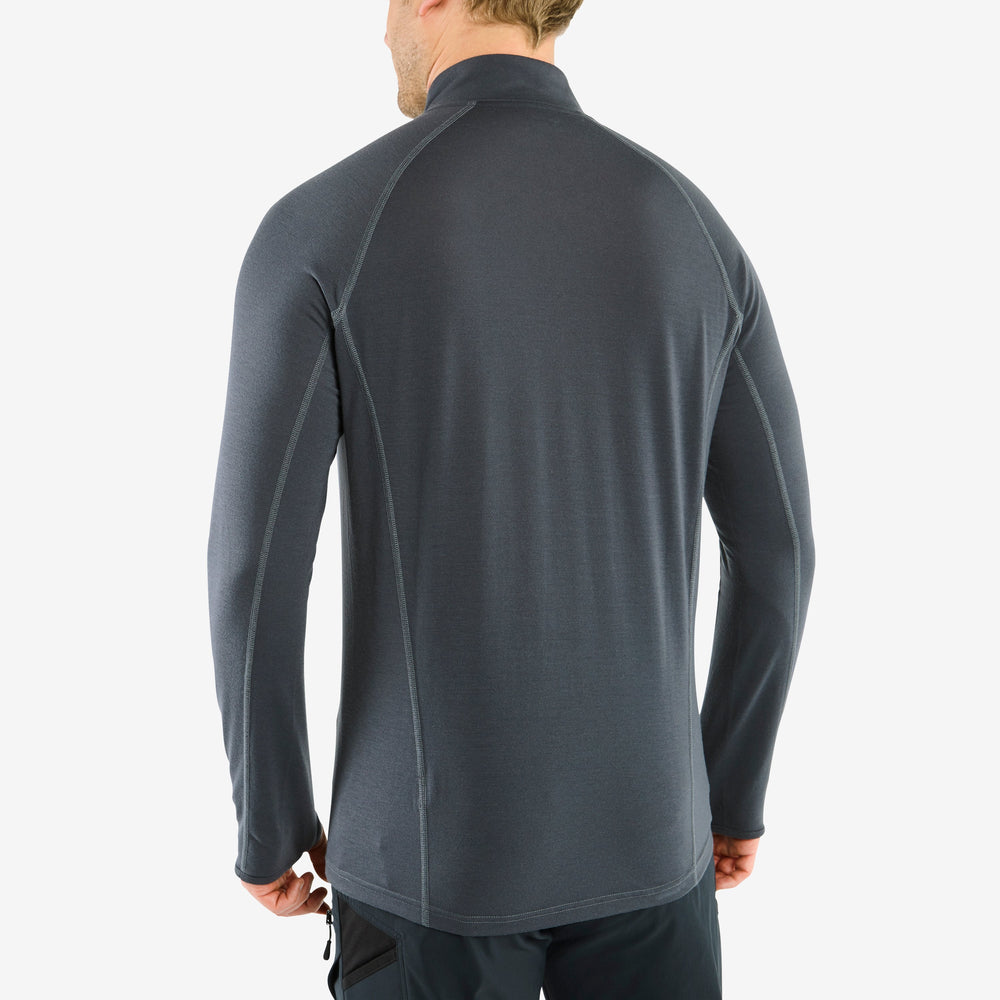 Back view of a Genus Men's Charcoal Eden Zip-Neck Top