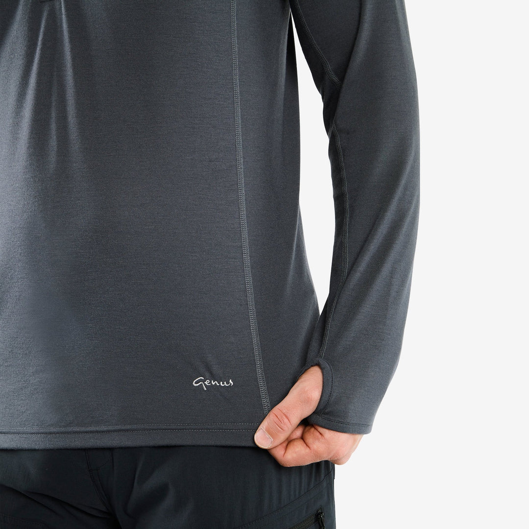 Close up of a Genus Men's Charcoal Eden Zip-Neck Top