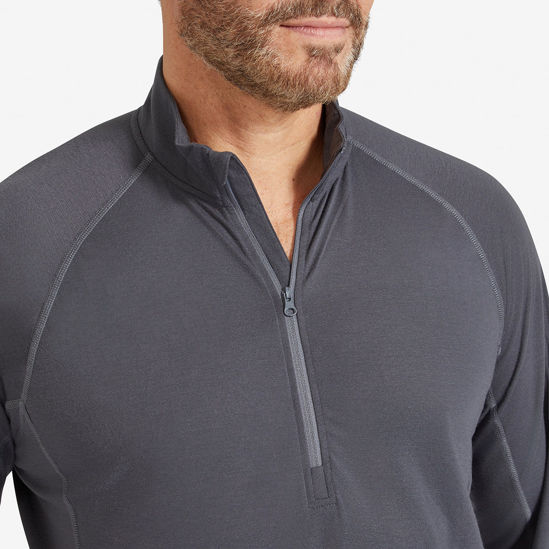 Close up of the zip on the Genus Men's Charcoal Eden Zip-Neck Top