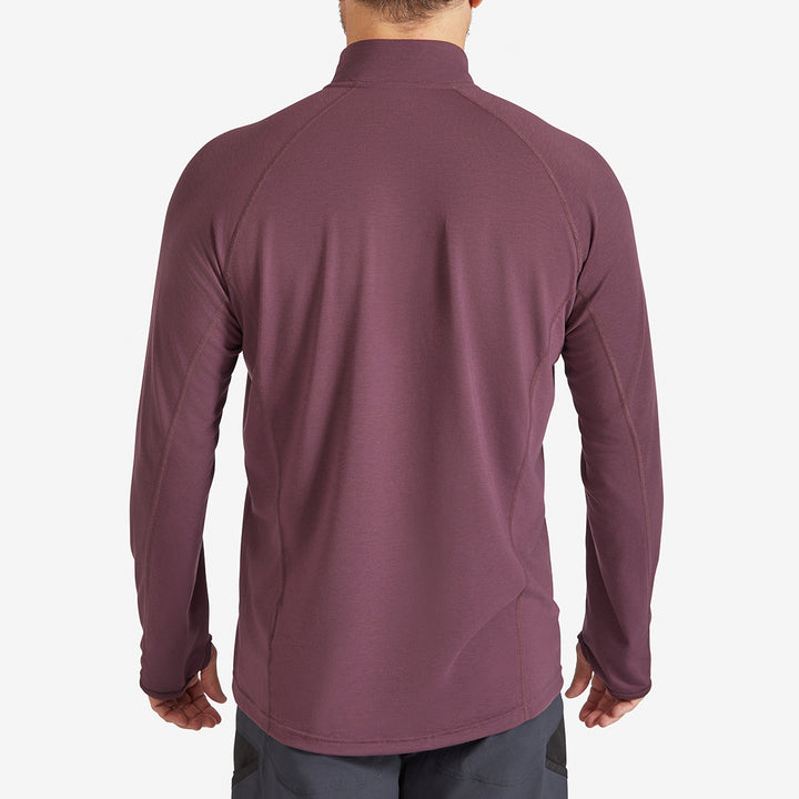 Back view of a Genus Men's Prune Damson Eden Zip neck Top