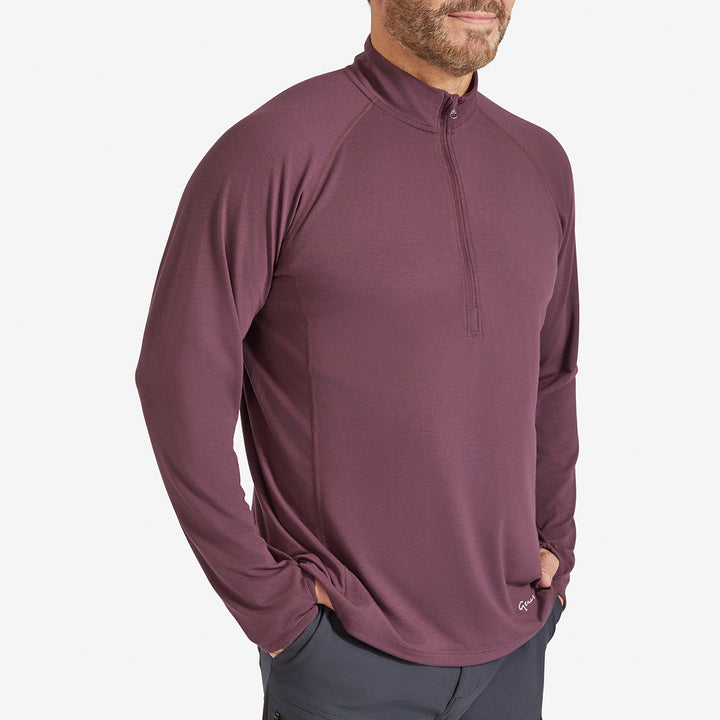 Man wearing a Genus Men's Prune Damson Eden Zip neck Top