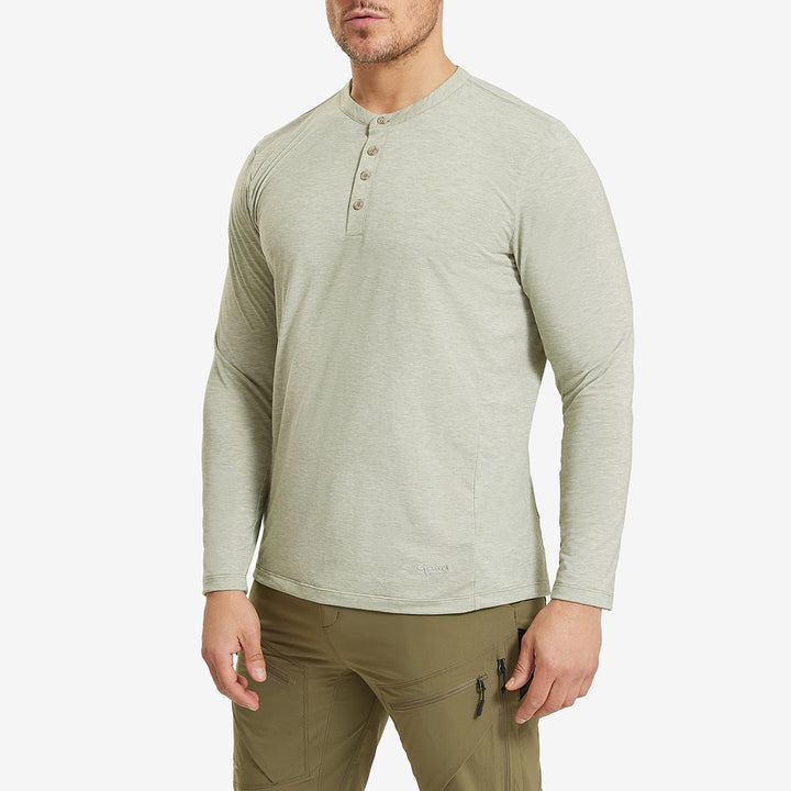 Front view of the Genus Green Marl Men's Rosemoor Long Sleeve Gardening Henley