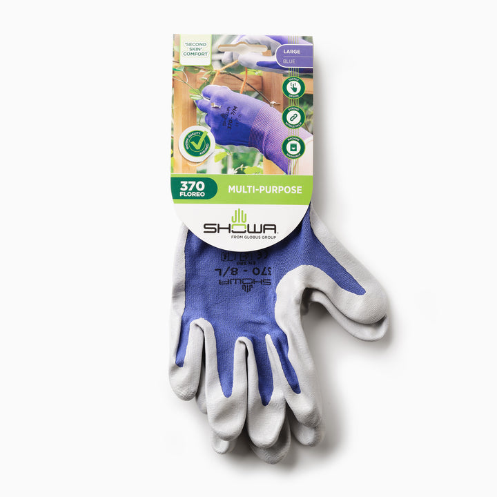 Front view of a blue Genus Showa 370 Gardening Glove