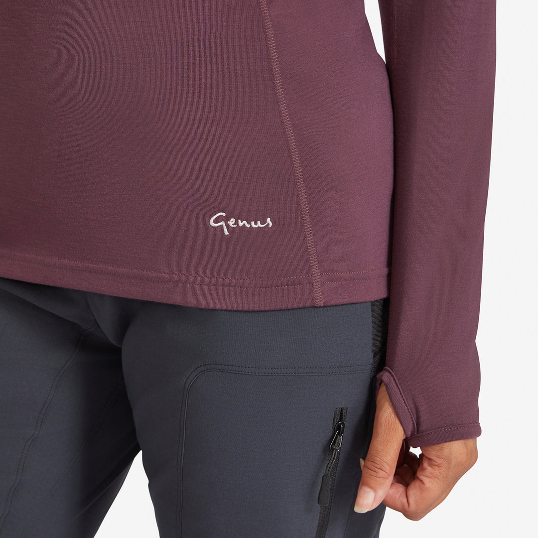 Image of the Genus Women's Prune Damson Eden Zip Neck Top showing the sleeves