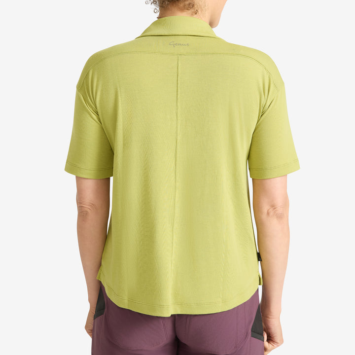 Back view of a Genus Soft Lime Women's Eden Collared Tee