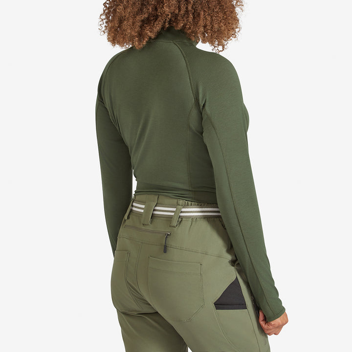 Back view of a Genus Women's Dark Green Eden Zip Neck Top