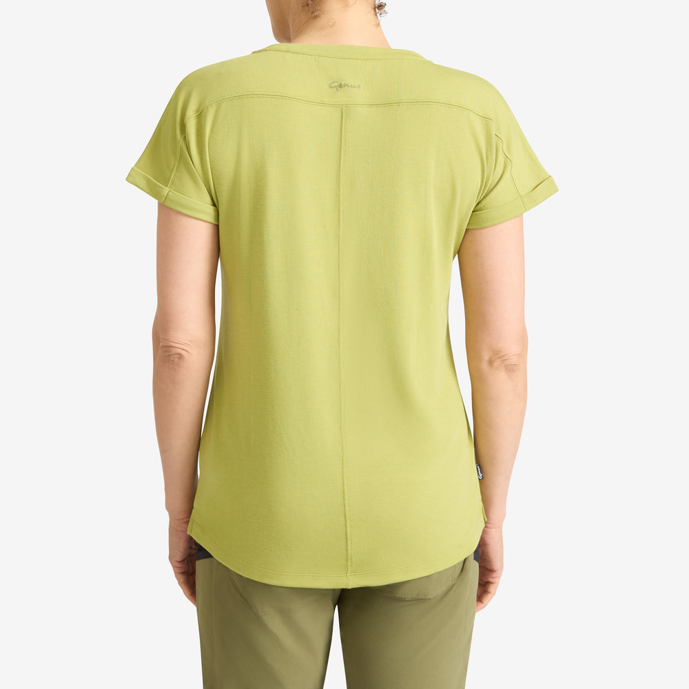Back view of a Soft Lime genus Women's Eden Short Sleeve Tee