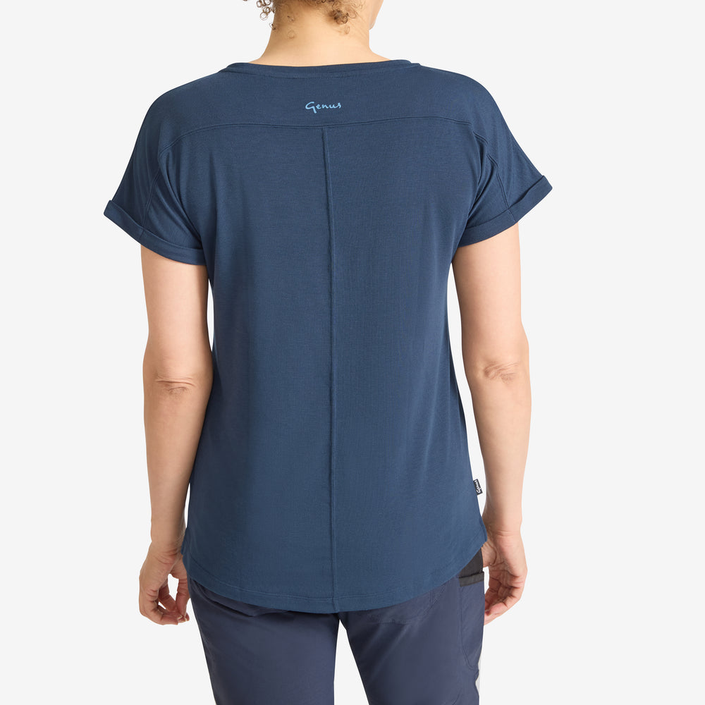 Back view of a Genus Marino Blue women's Eden Short Sleeve Tee 