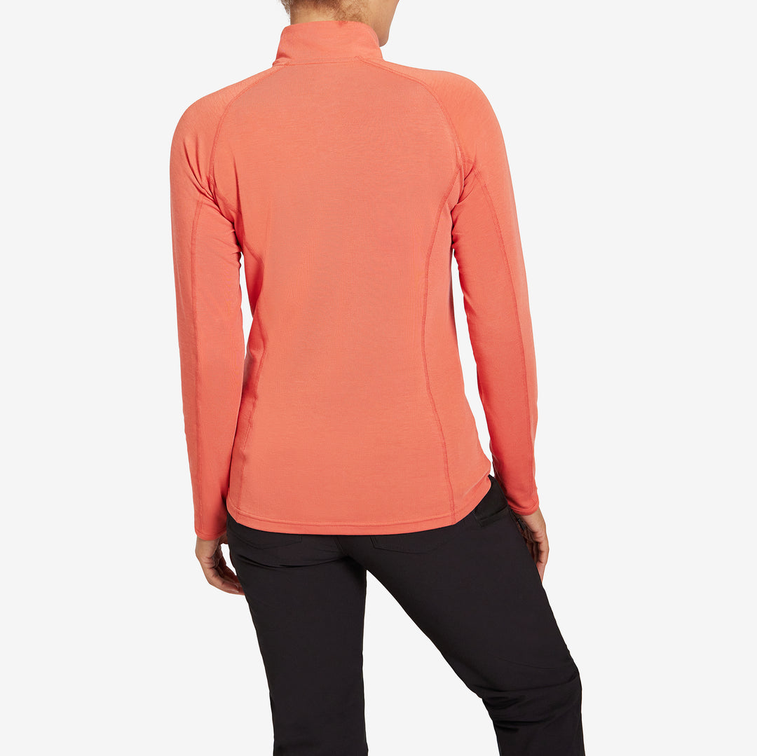 Back view of the Genus Women's Burnt Orange Eden Zip Neck Top