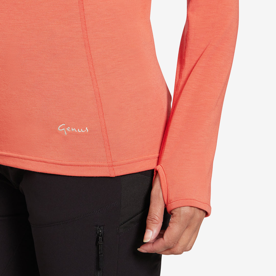 Close up of the Genus Women's Burnt Orange Eden Zip Neck Top
