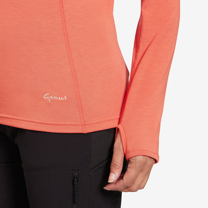 Close up of the Genus Women's Burnt Orange Eden Zip Neck Top