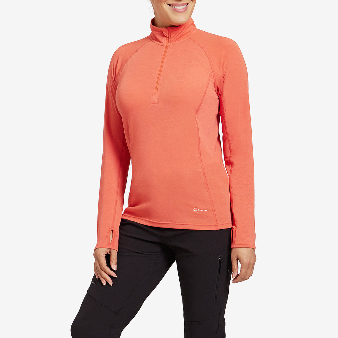 Front view of the Genus Women's Burnt Orange Eden Zip Neck Top