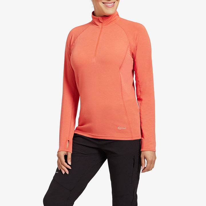 Front view of the Genus Women's Burnt Orange Eden Zip Neck Top