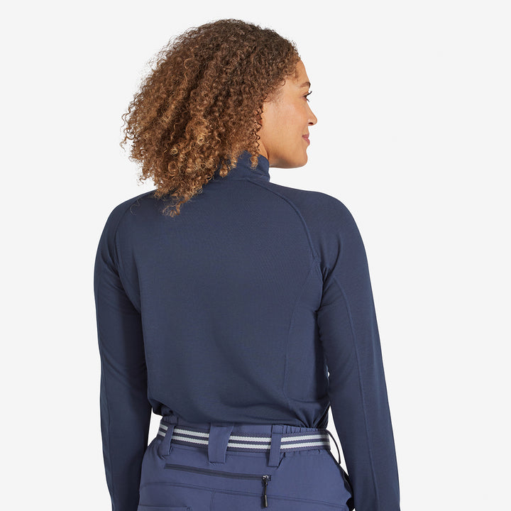 Back of a Genus Women's Marine Blue Eden Zip neck Top