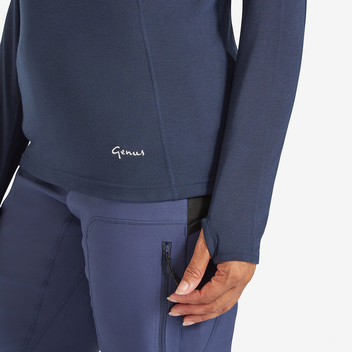 Close up of a Genus Women's Marine Blue Eden Zip neck Top