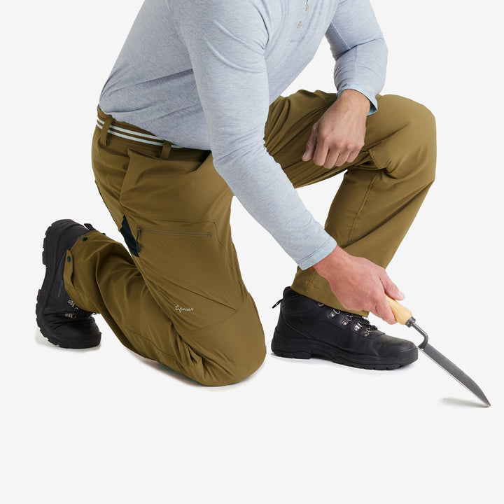 Man wearing a pair of Genus Men's 3 Season Gardening Trousers Tan